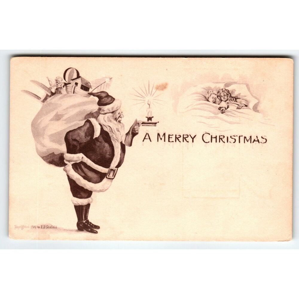 Santa Claus Christmas Postcard Saint Candle Kids In Bed 1909 E.B. Schofield